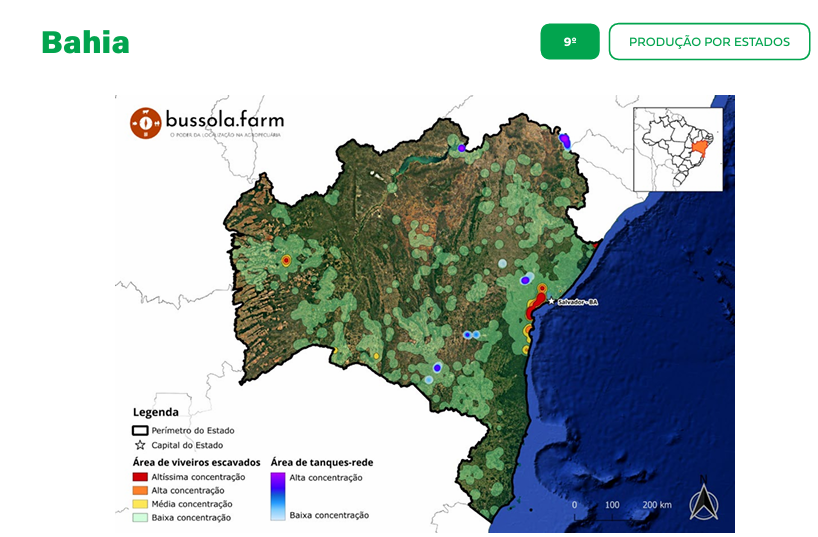 Mapa da piscicultura no estado da Bahia — bussola.farm para o Anuário Peixe BR 2026
