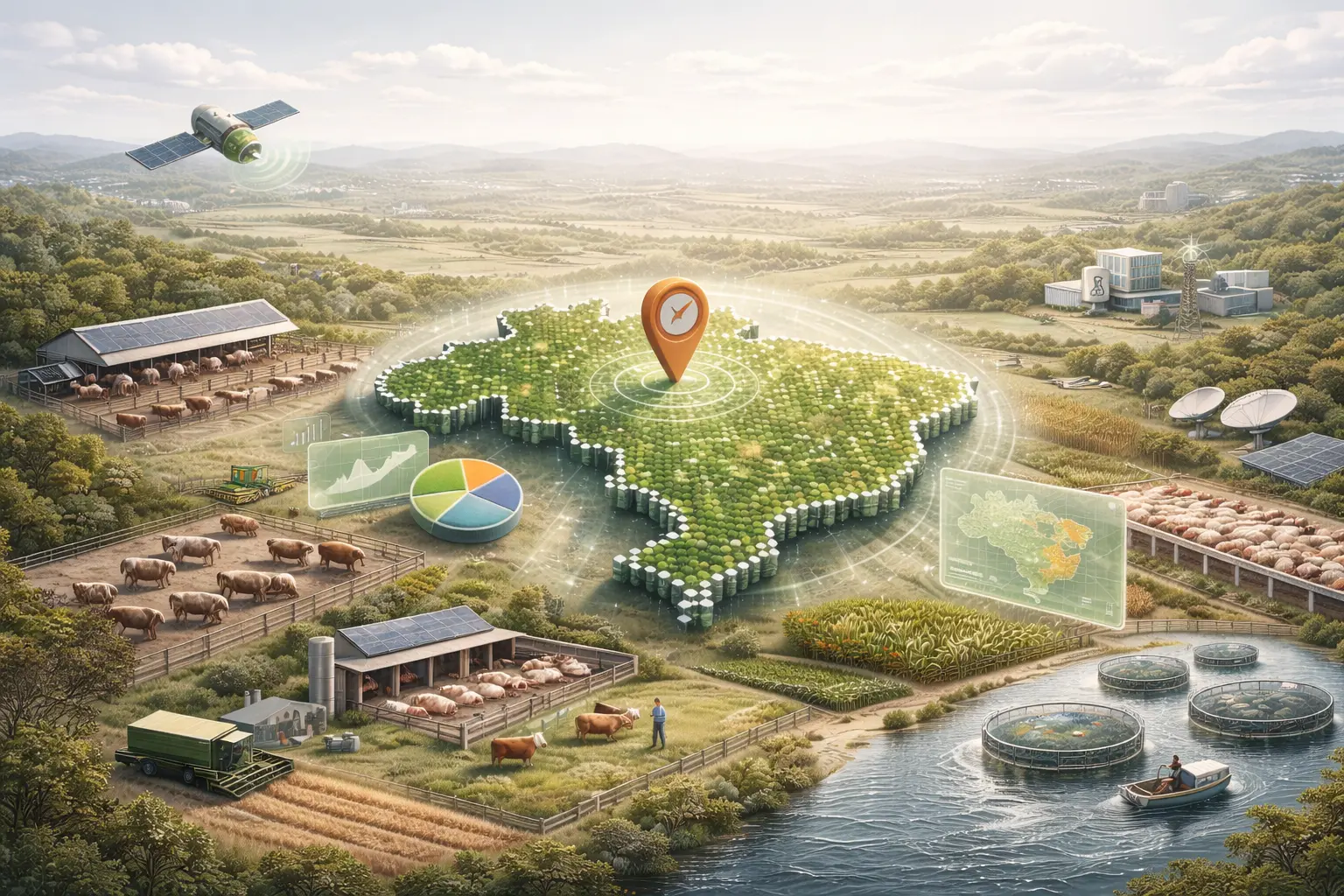 Visão integrada das soluções bussola.farm mostrando mapeamento territorial
